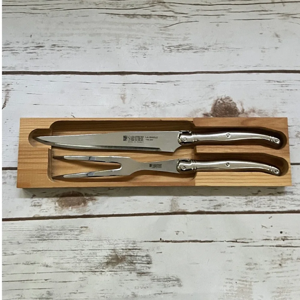 Sabatier La Guiole The Bee Carving Set Silver Stainless Steel 2pc with Wood Box